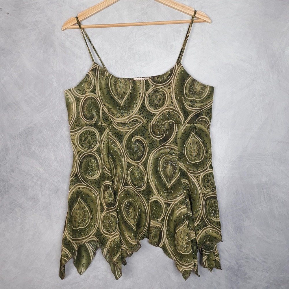 Vintage Y2K Tank Top Womens XL Green Paisley Hanky Asym Hem Studded Whimsy Fairy